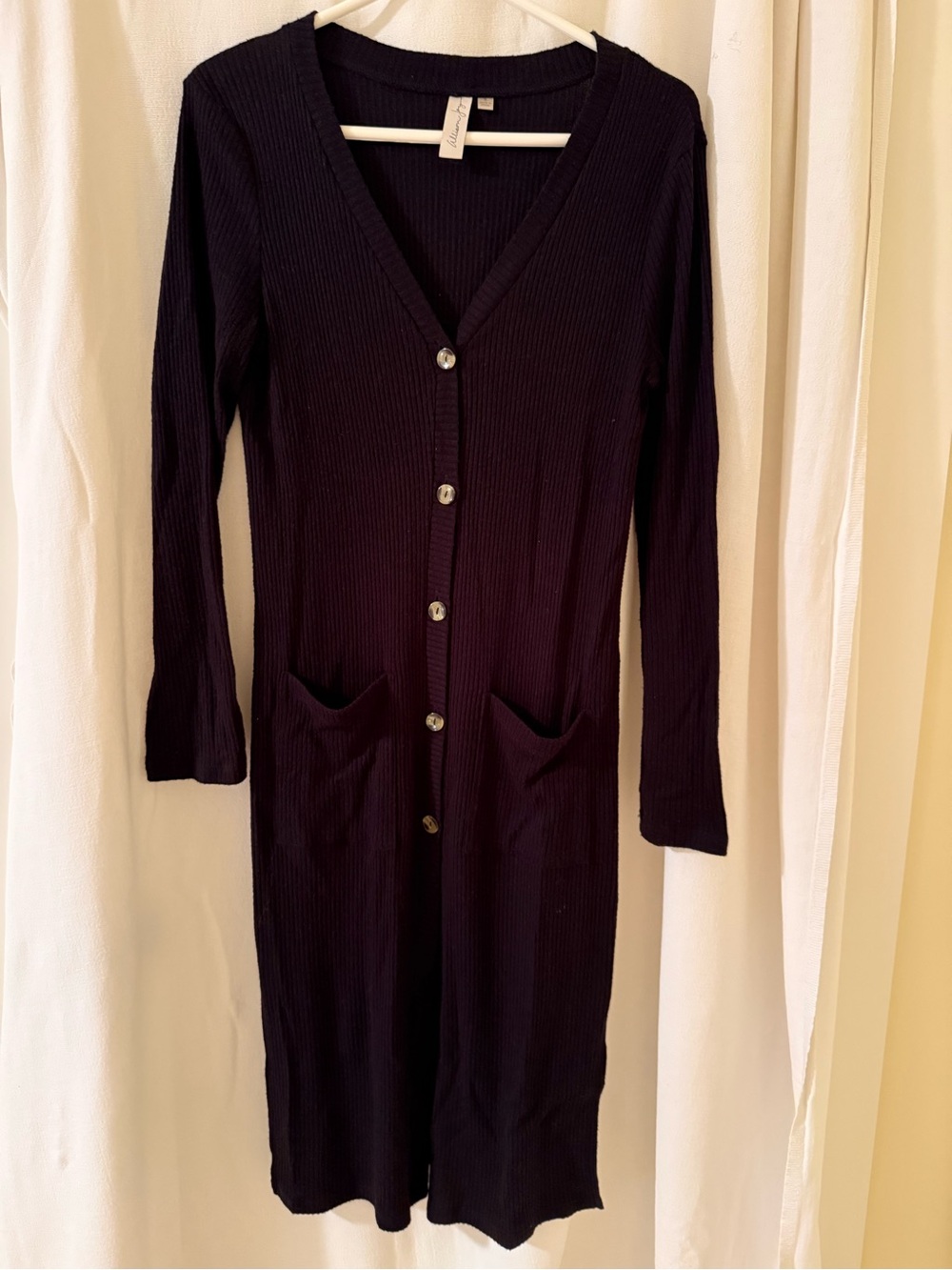 Allison Joy Long Button-Front Ribbed Knit Sweater - Black